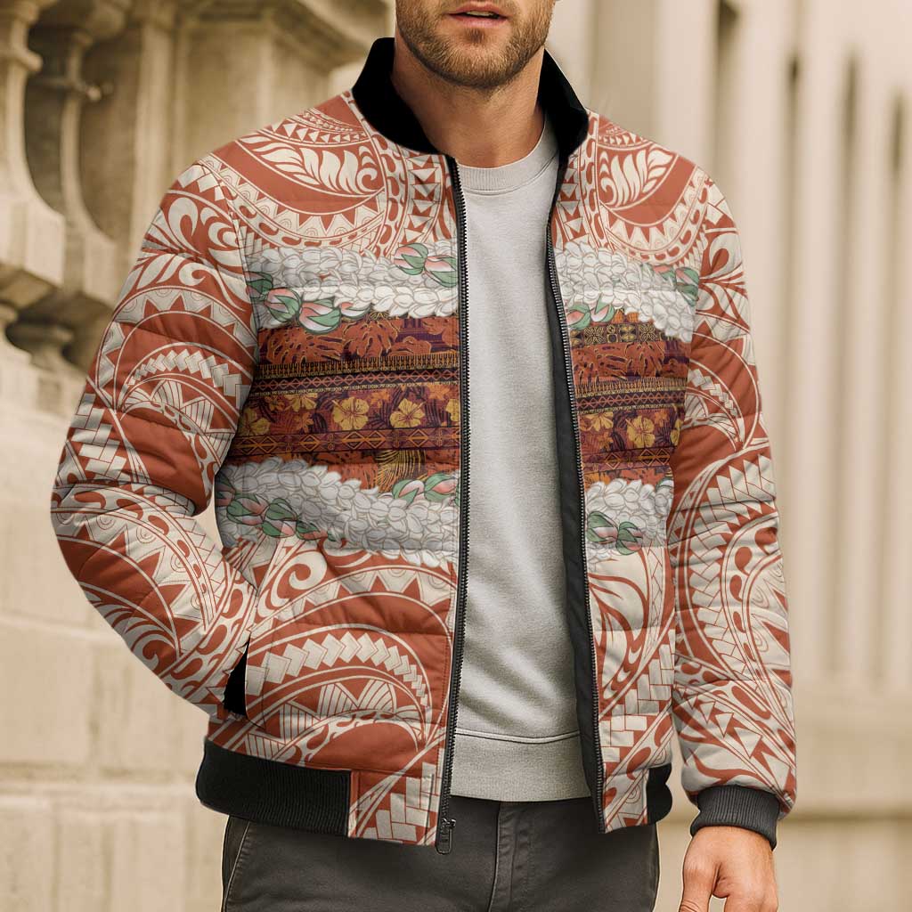 Aloha Hawaii Mikioi Lei Bomber Puffer Jacket Beige Tropical Flower Pattern - Polynesian Pride