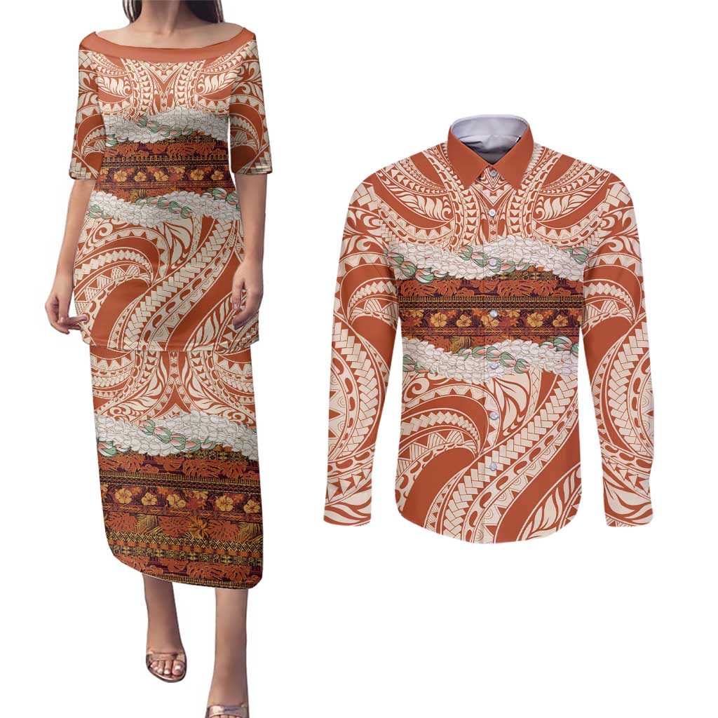 Aloha Hawaii Mikioi Lei Couples Matching Puletasi and Long Sleeve Button Shirt Beige Tropical Flower Pattern - Polynesian Pride