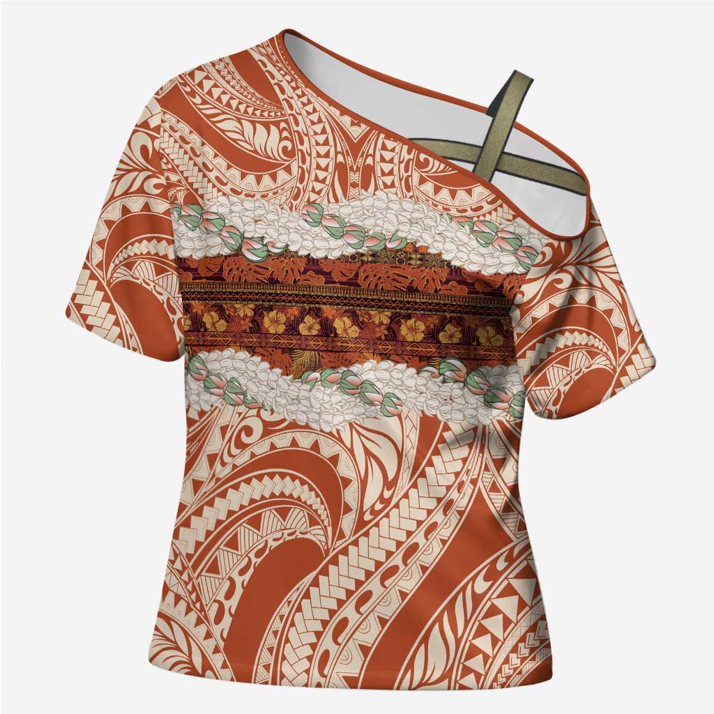 Aloha Hawaii Mikioi Lei Cross Shoulder Shirt Beige Tropical Flower Pattern - Polynesian Pride