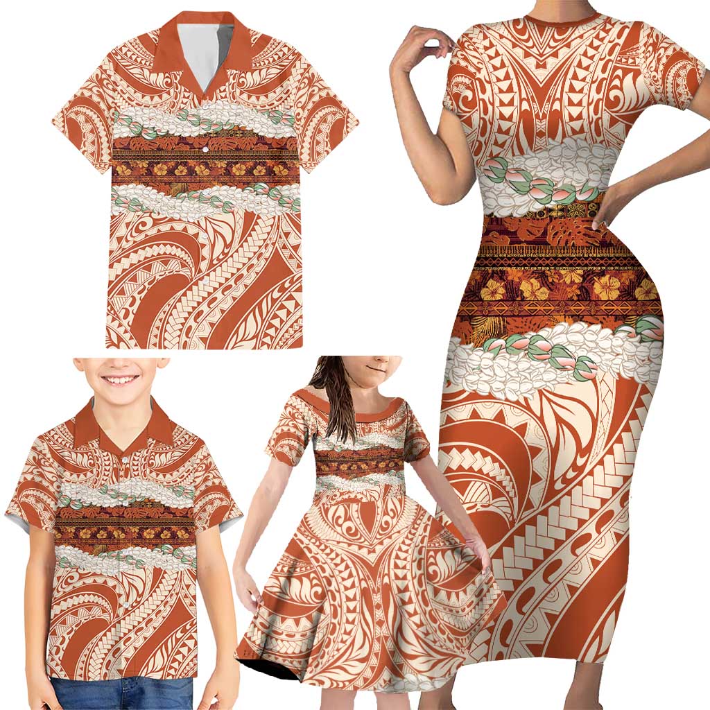 Aloha Hawaii Mikioi Lei Family Matching Short Sleeve Bodycon Dress and Hawaiian Shirt Beige Tropical Flower Pattern - Polynesian Pride