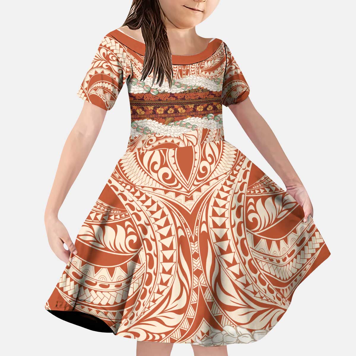 Aloha Hawaii Mikioi Lei Kid Short Sleeve Dress Beige Tropical Flower Pattern - Polynesian Pride