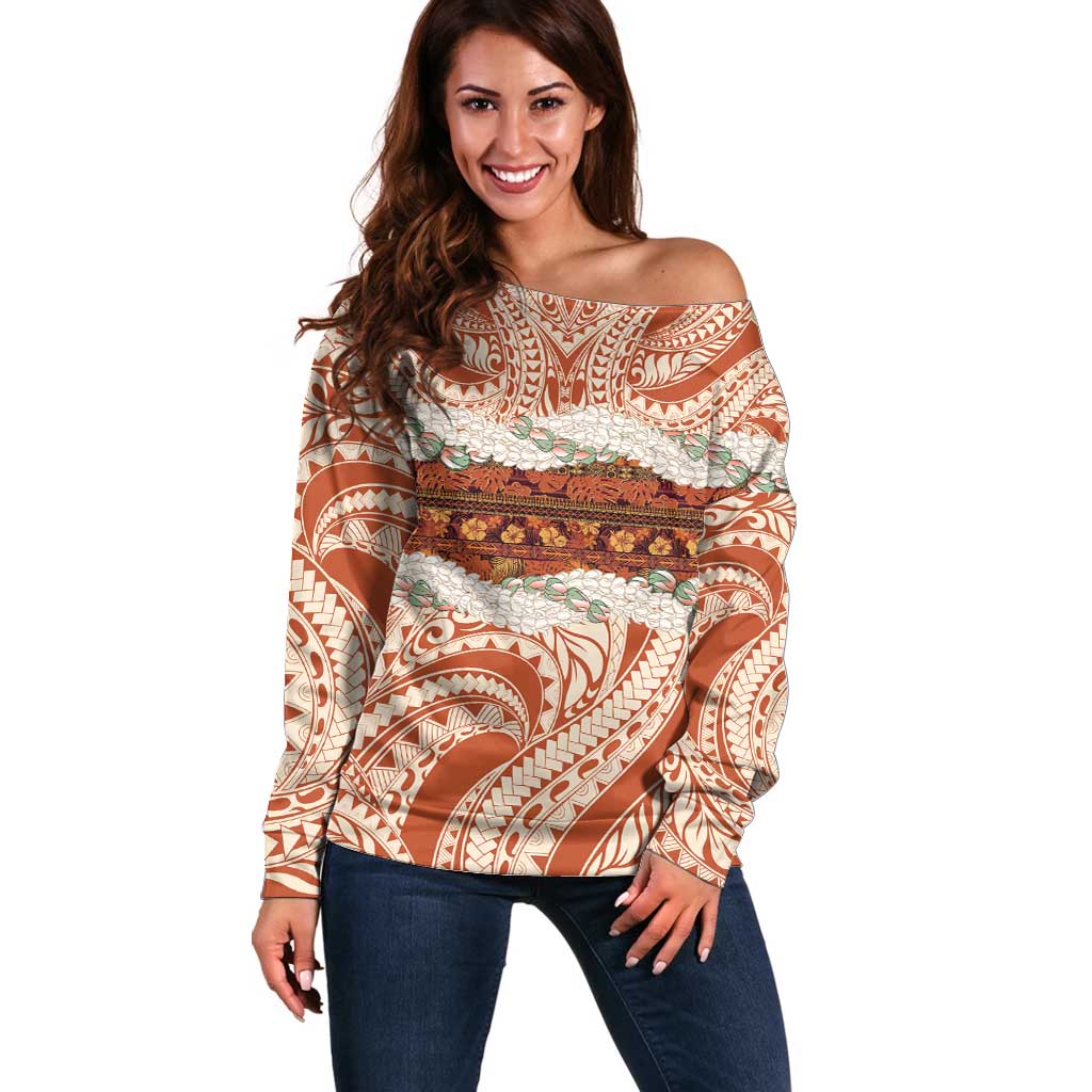 Aloha Hawaii Mikioi Lei Off Shoulder Sweater Beige Tropical Flower Pattern - Polynesian Pride