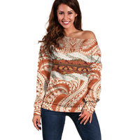 Aloha Hawaii Mikioi Lei Off Shoulder Sweater Beige Tropical Flower Pattern - Polynesian Pride