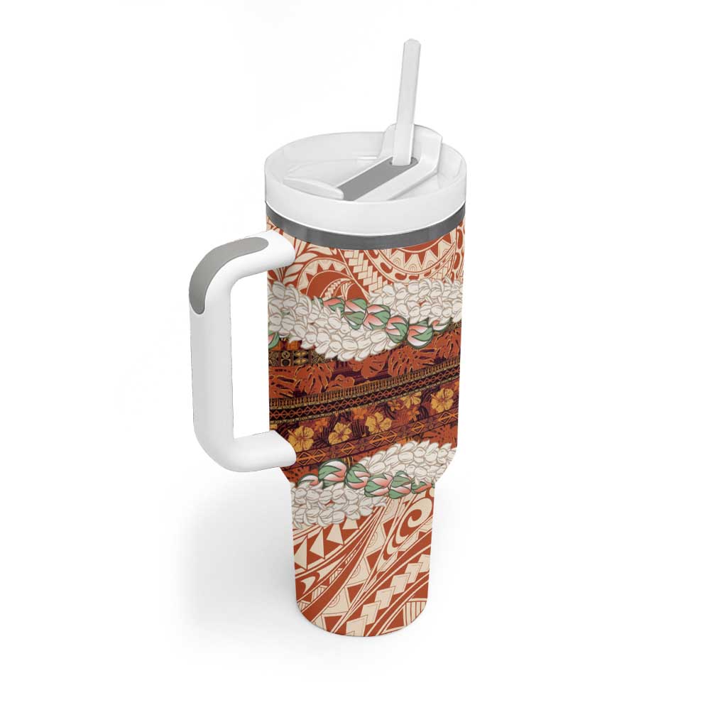Aloha Hawaii Mikioi Lei Tumbler With Handle Beige Tropical Flower Pattern - Polynesian Pride