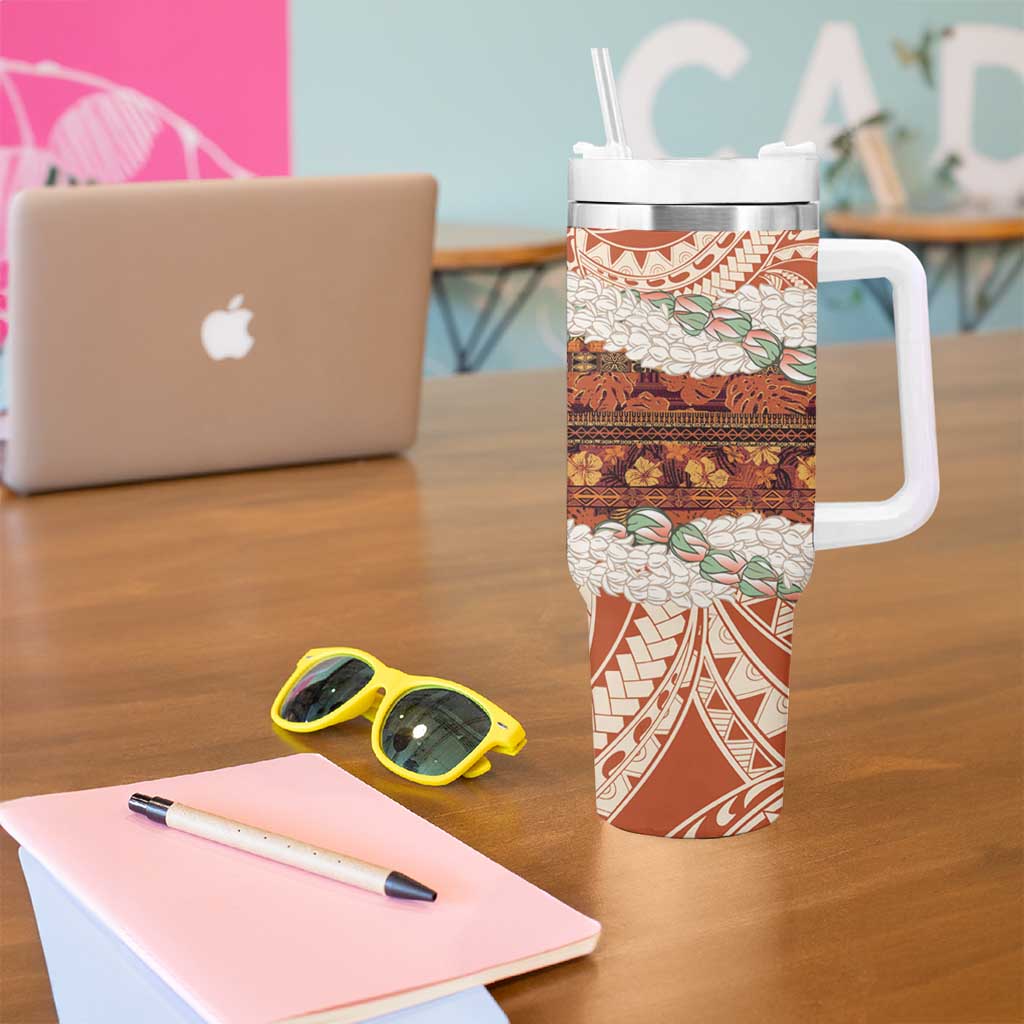 Aloha Hawaii Mikioi Lei Tumbler With Handle Beige Tropical Flower Pattern - Polynesian Pride