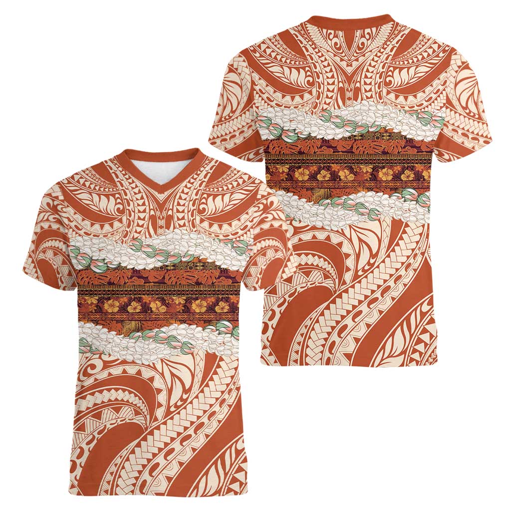 Aloha Hawaii Mikioi Lei Women V-Neck T-Shirt Beige Tropical Flower Pattern - Polynesian Pride