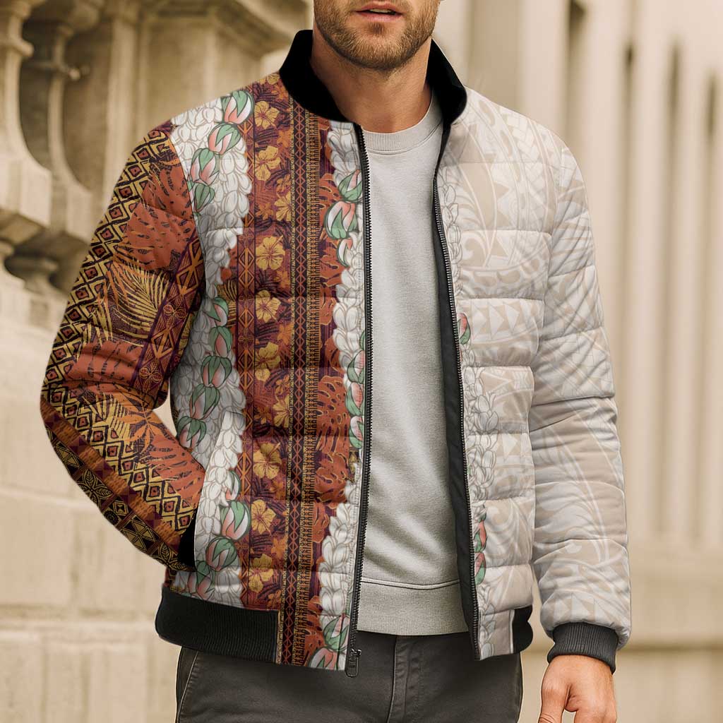 Aloha Hawaii Mikioi Lei Bomber Puffer Jacket Cattail Red Tropical Flower Pattern - Polynesian Pride