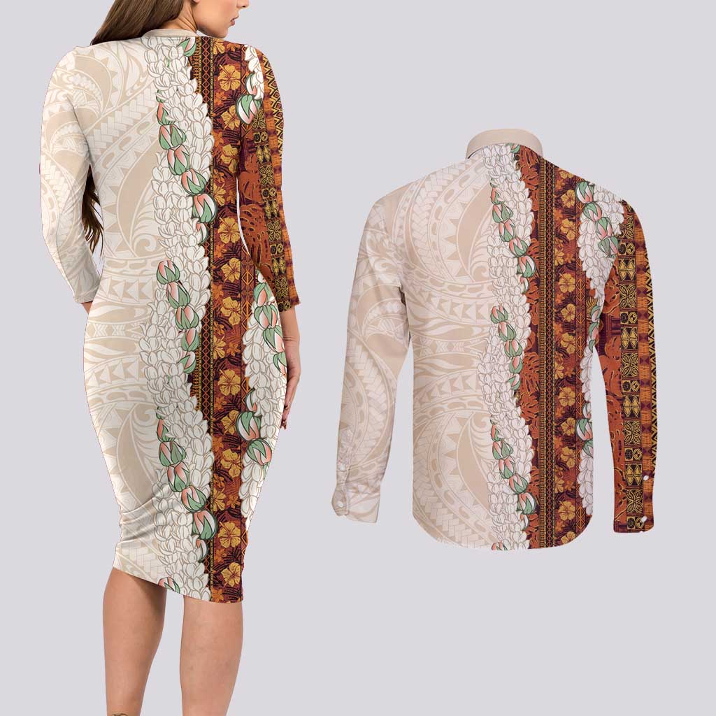 Aloha Hawaii Mikioi Lei Couples Matching Long Sleeve Bodycon Dress and Long Sleeve Button Shirt Cattail Red Tropical Flower Pattern - Polynesian Pride