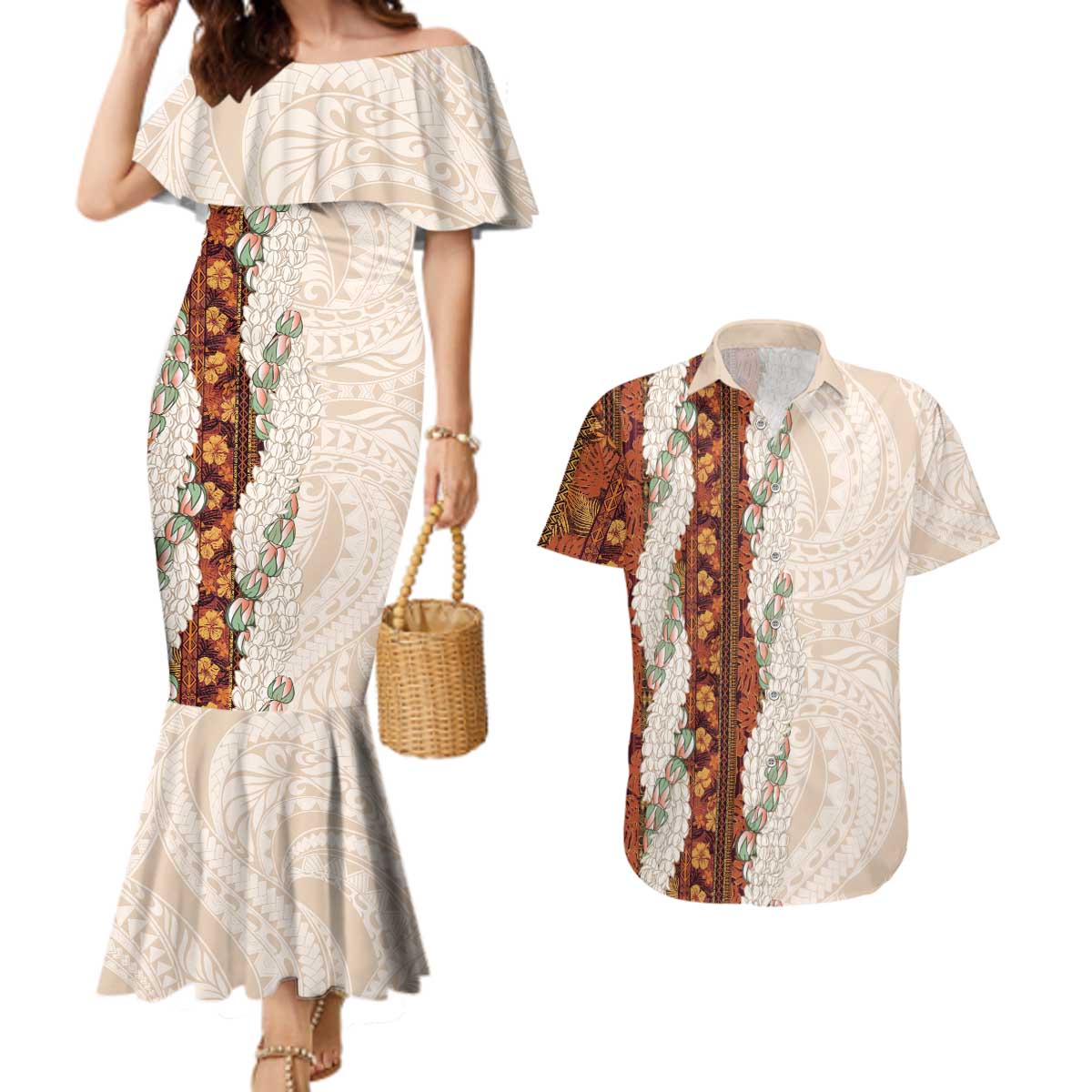Aloha Hawaii Mikioi Lei Couples Matching Mermaid Dress and Hawaiian Shirt Cattail Red Tropical Flower Pattern - Polynesian Pride
