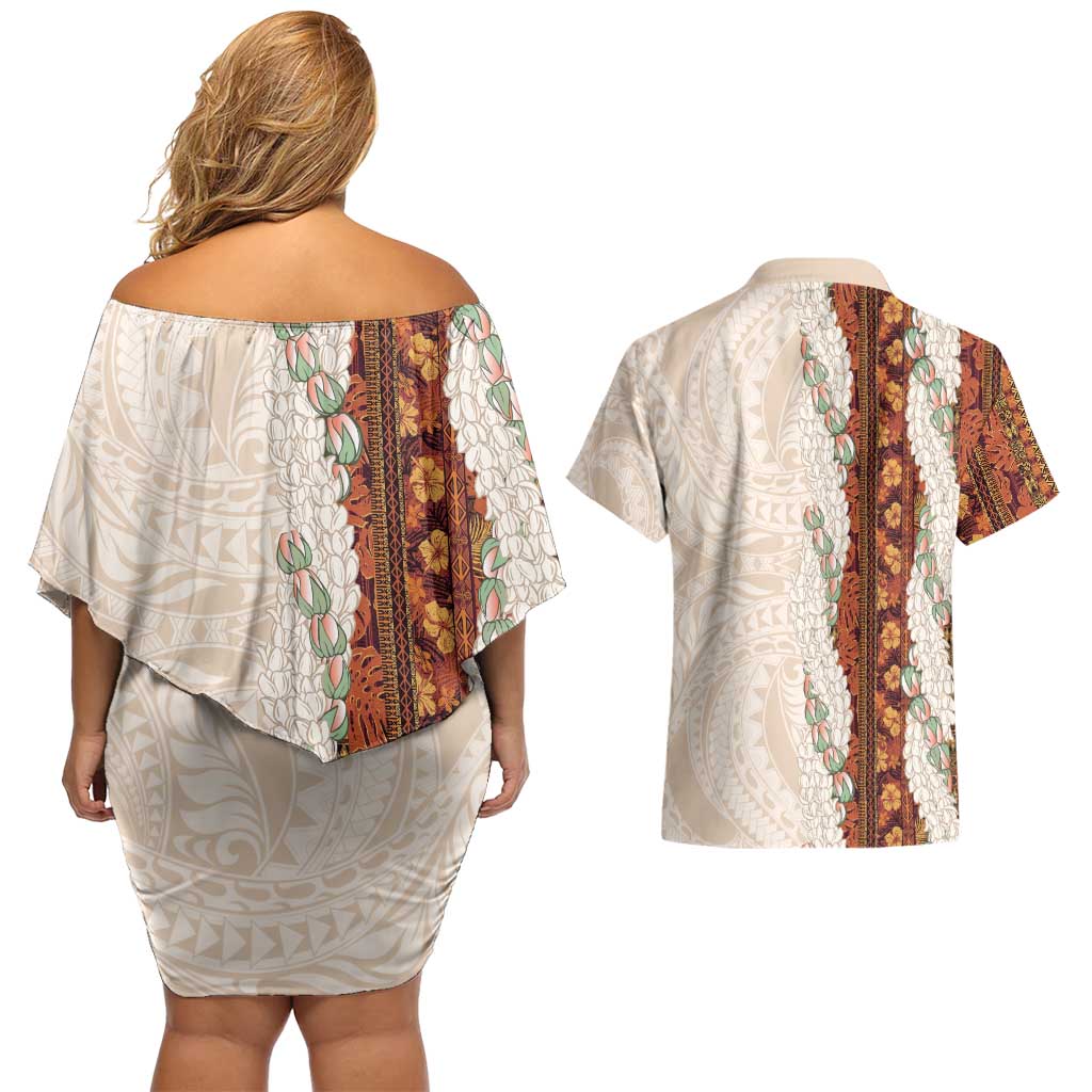Aloha Hawaii Mikioi Lei Couples Matching Off Shoulder Short Dress and Hawaiian Shirt Cattail Red Tropical Flower Pattern - Polynesian Pride