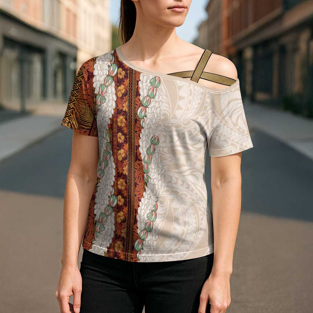 Aloha Hawaii Mikioi Lei Cross Shoulder Shirt Cattail Red Tropical Flower Pattern - Polynesian Pride