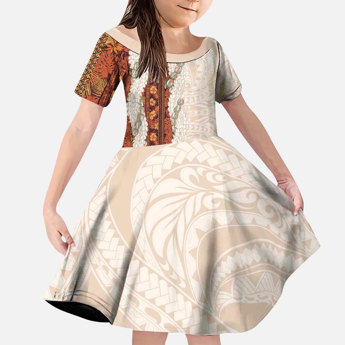 Aloha Hawaii Mikioi Lei Kid Short Sleeve Dress Cattail Red Tropical Flower Pattern - Polynesian Pride