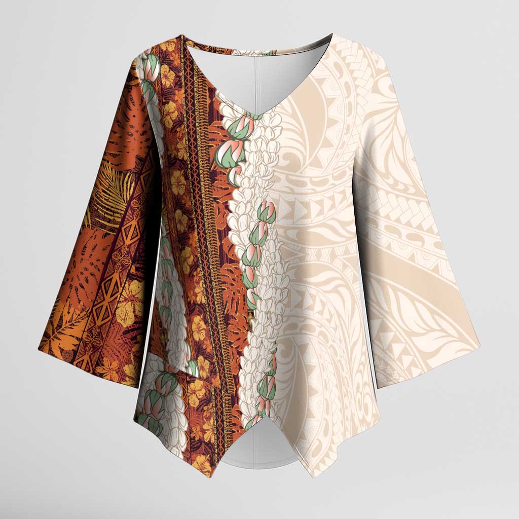 Aloha Hawaii Mikioi Lei Kimono Sleeve Blouse Cattail Red Tropical Flower Pattern - Polynesian Pride