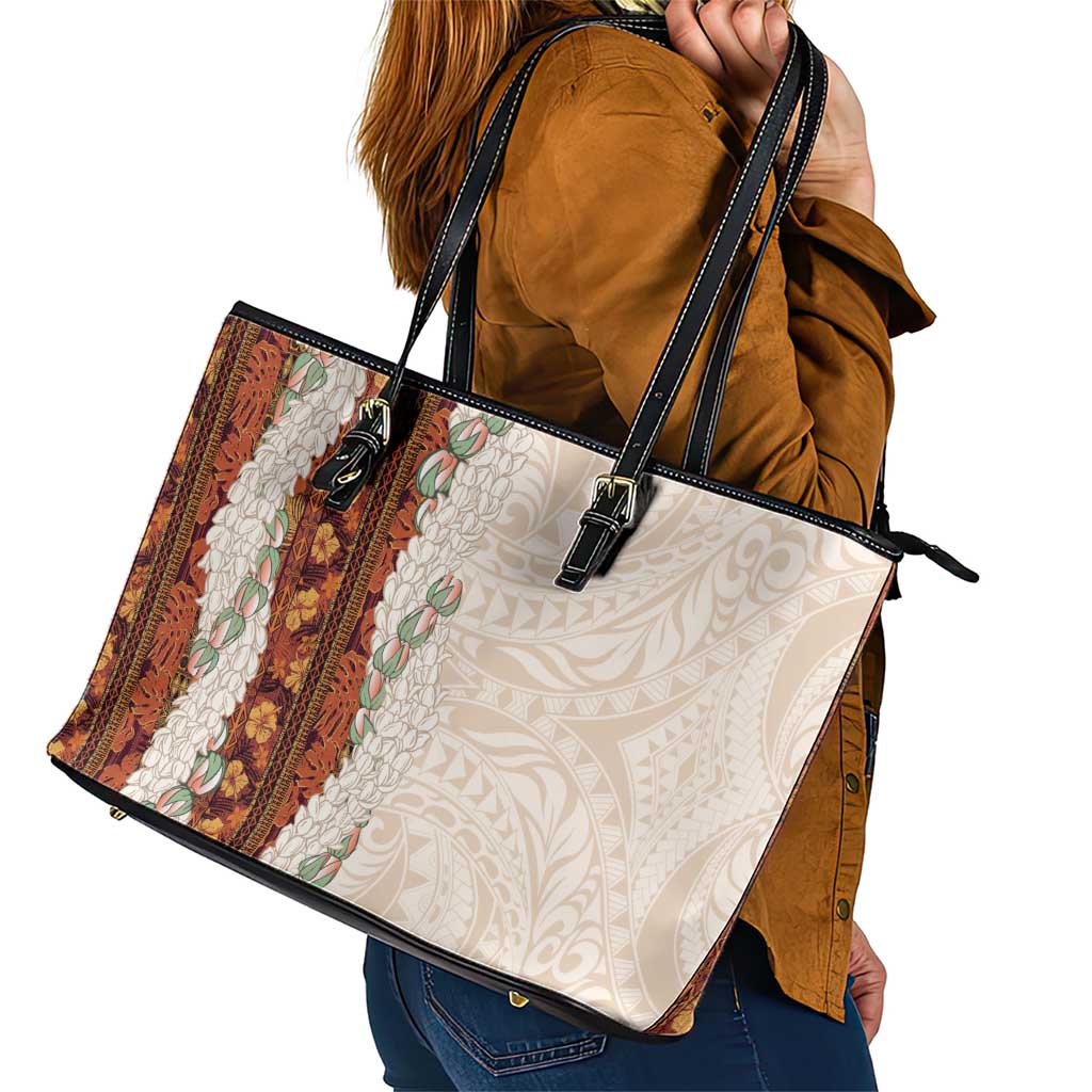 Aloha Hawaii Mikioi Lei Leather Tote Bag Cattail Red Tropical Flower Pattern - Polynesian Pride