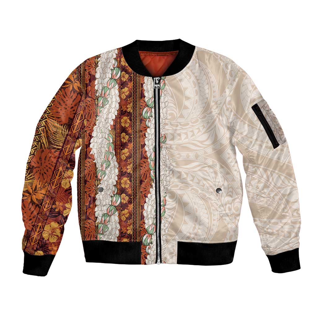 Aloha Hawaii Mikioi Lei Sleeve Zip Bomber Jacket Cattail Red Tropical Flower Pattern - Polynesian Pride
