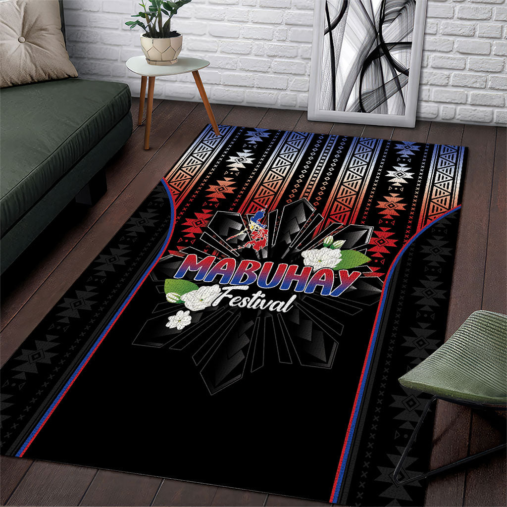 Mabuhay Philippines Festival Area Rug Filipino Map Sampaguita Igorot Pattern LT14 Black - Polynesian Pride