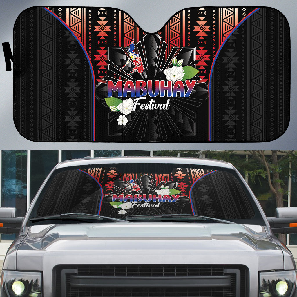 Mabuhay Philippines Festival Auto Sun Shade Filipino Map Sampaguita Igorot Pattern LT14 Black - Polynesian Pride