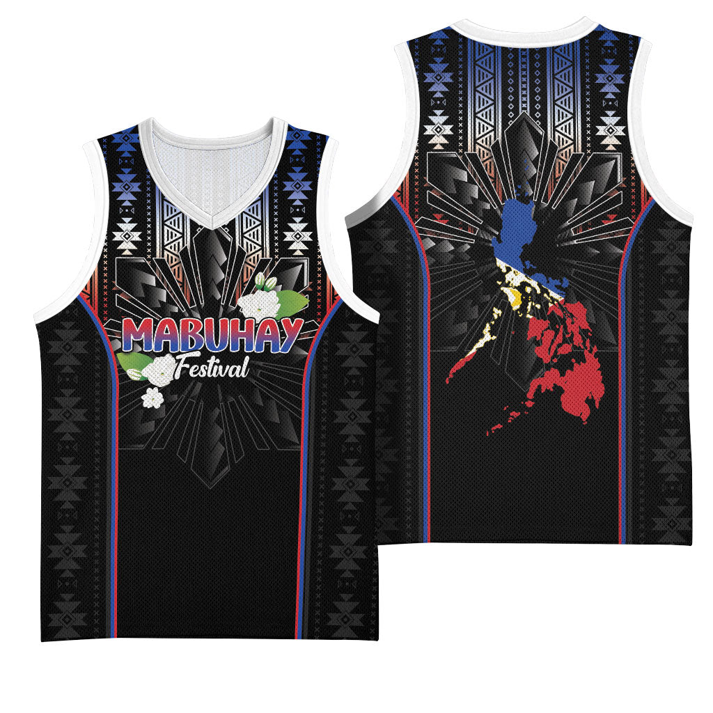 Mabuhay Philippines Festival Basketball Jersey Filipino Map Sampaguita Igorot Pattern LT14 - Polynesian Pride