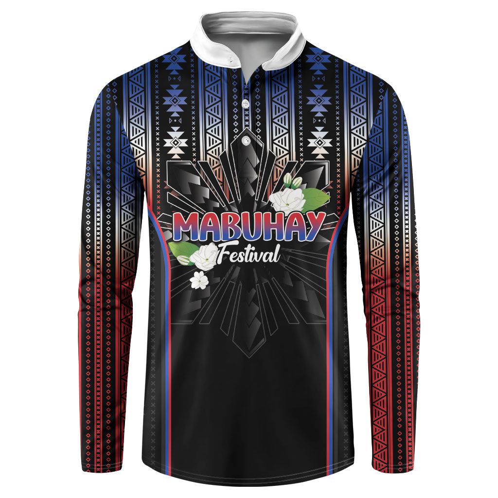 Mabuhay Philippines Festival Button Sweatshirt Filipino Map Sampaguita Igorot Pattern LT14 Black - Polynesian Pride