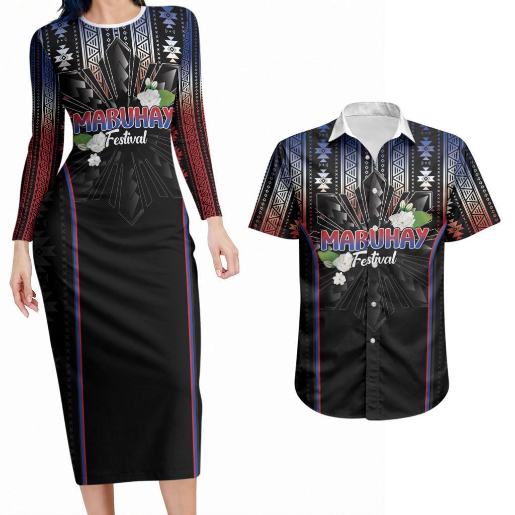 Mabuhay Philippines Festival Couples Matching Long Sleeve Bodycon Dress and Hawaiian Shirt Filipino Map Sampaguita Igorot Pattern LT14 Black - Polynesian Pride