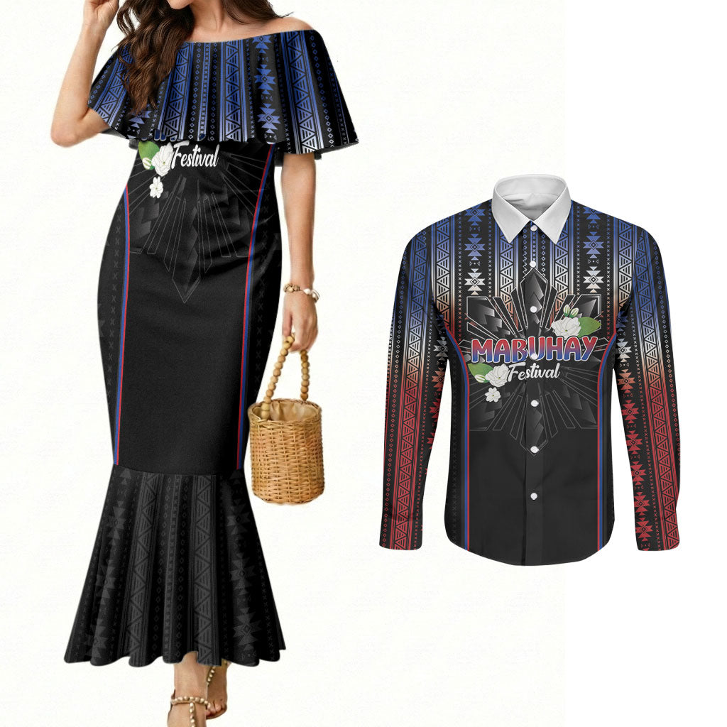 Mabuhay Philippines Festival Couples Matching Mermaid Dress and Long Sleeve Button Shirt Filipino Map Sampaguita Igorot Pattern LT14 Black - Polynesian Pride