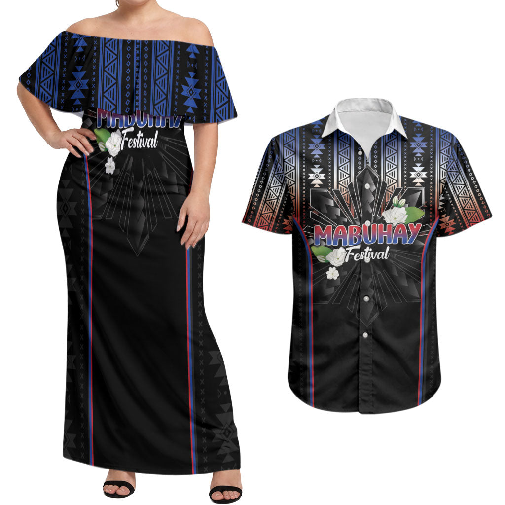 Mabuhay Philippines Festival Couples Matching Off Shoulder Maxi Dress and Hawaiian Shirt Filipino Map Sampaguita Igorot Pattern LT14 Black - Polynesian Pride
