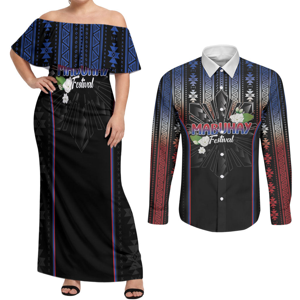 Mabuhay Philippines Festival Couples Matching Off Shoulder Maxi Dress and Long Sleeve Button Shirt Filipino Map Sampaguita Igorot Pattern LT14 Black - Polynesian Pride