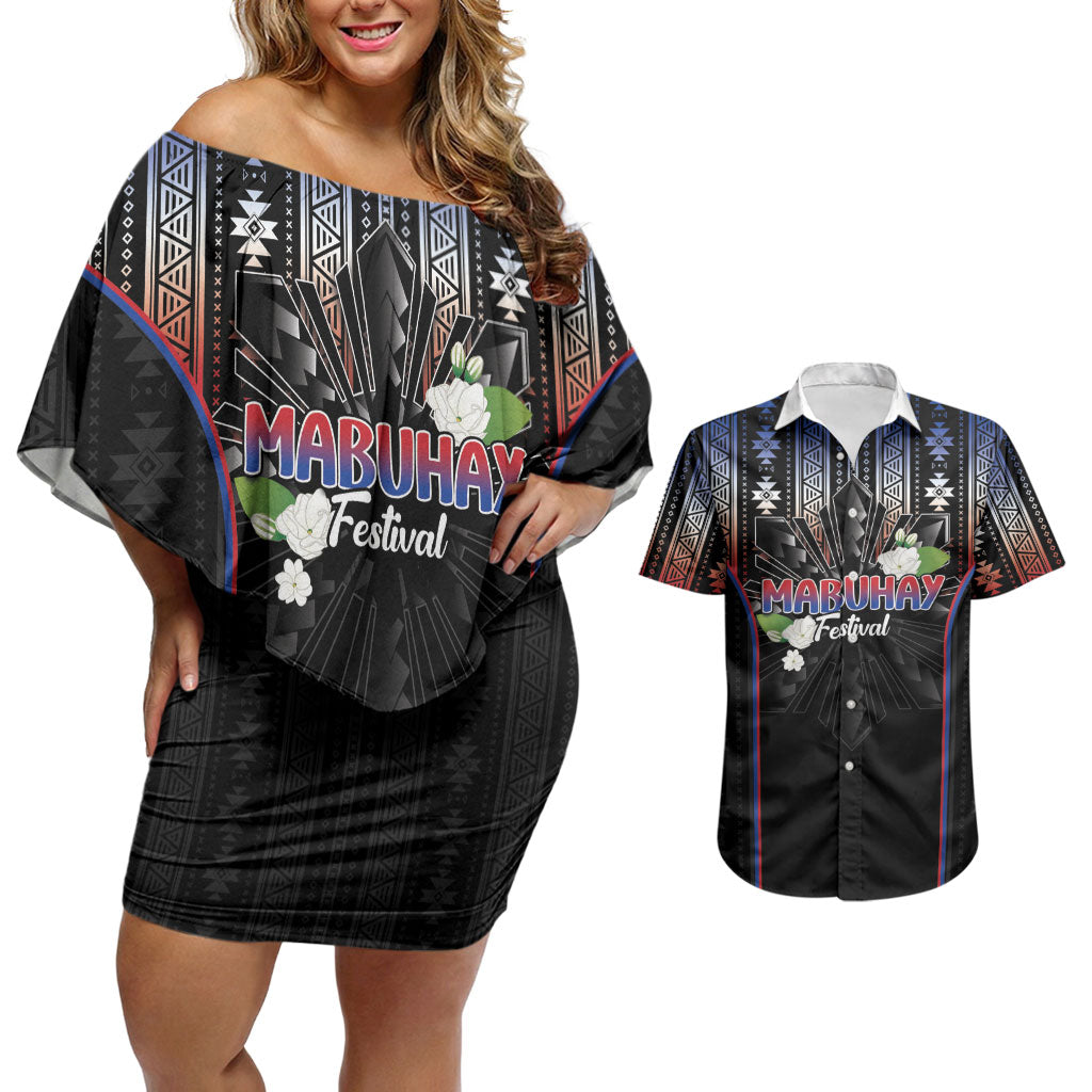 Mabuhay Philippines Festival Couples Matching Off Shoulder Short Dress and Hawaiian Shirt Filipino Map Sampaguita Igorot Pattern LT14 Black - Polynesian Pride