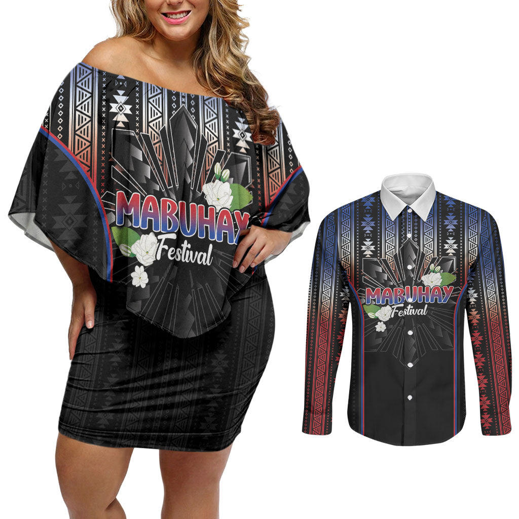 Mabuhay Philippines Festival Couples Matching Off Shoulder Short Dress and Long Sleeve Button Shirt Filipino Map Sampaguita Igorot Pattern