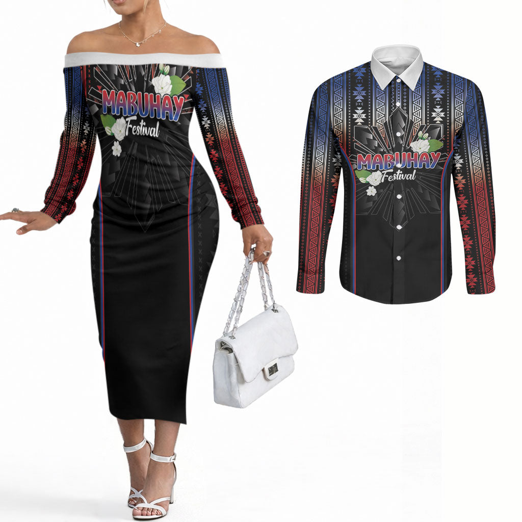 Mabuhay Philippines Festival Couples Matching Off The Shoulder Long Sleeve Dress and Long Sleeve Button Shirt Filipino Map Sampaguita Igorot Pattern LT14 Black - Polynesian Pride