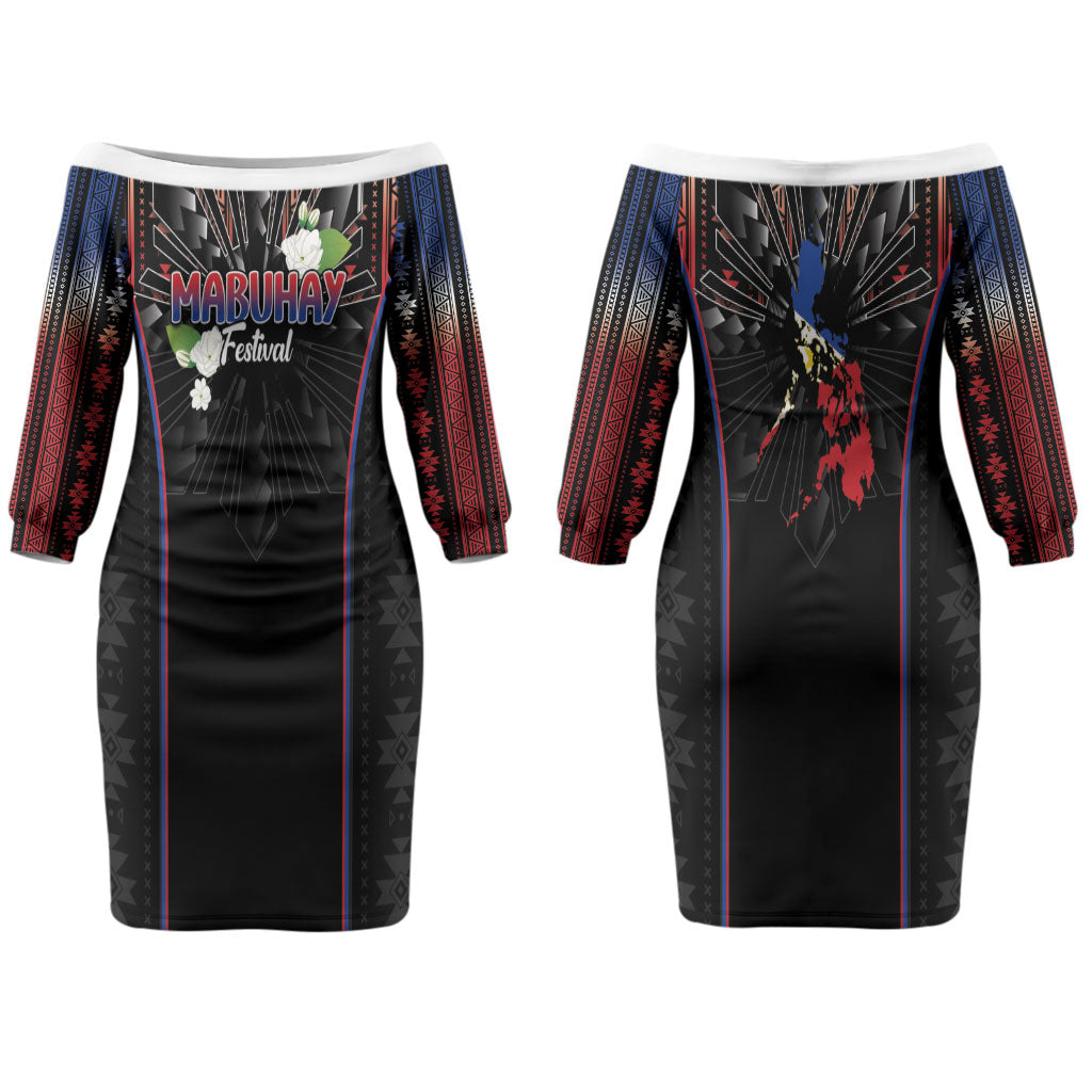 Mabuhay Philippines Festival Couples Matching Off The Shoulder Long Sleeve Dress and Long Sleeve Button Shirt Filipino Map Sampaguita Igorot Pattern LT14 - Polynesian Pride