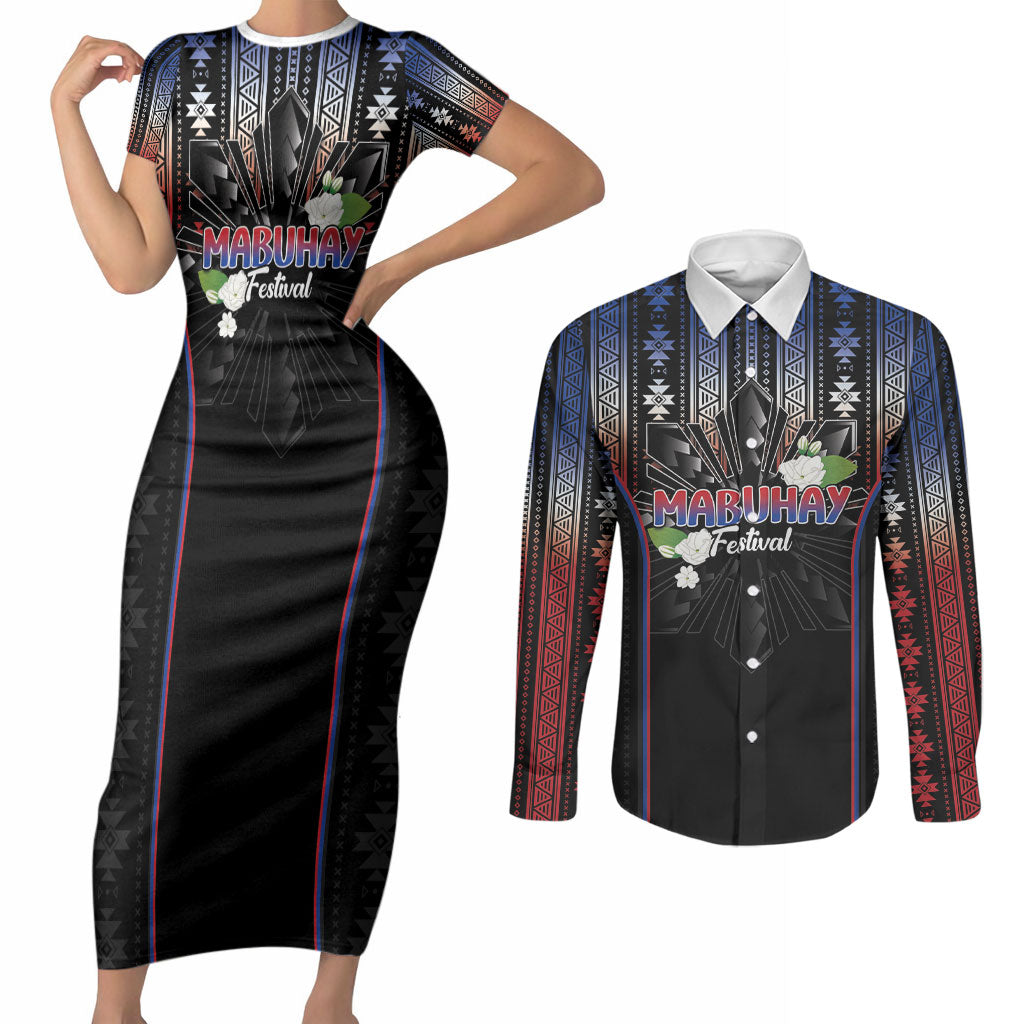 Mabuhay Philippines Festival Couples Matching Short Sleeve Bodycon Dress and Long Sleeve Button Shirt Filipino Map Sampaguita Igorot Pattern