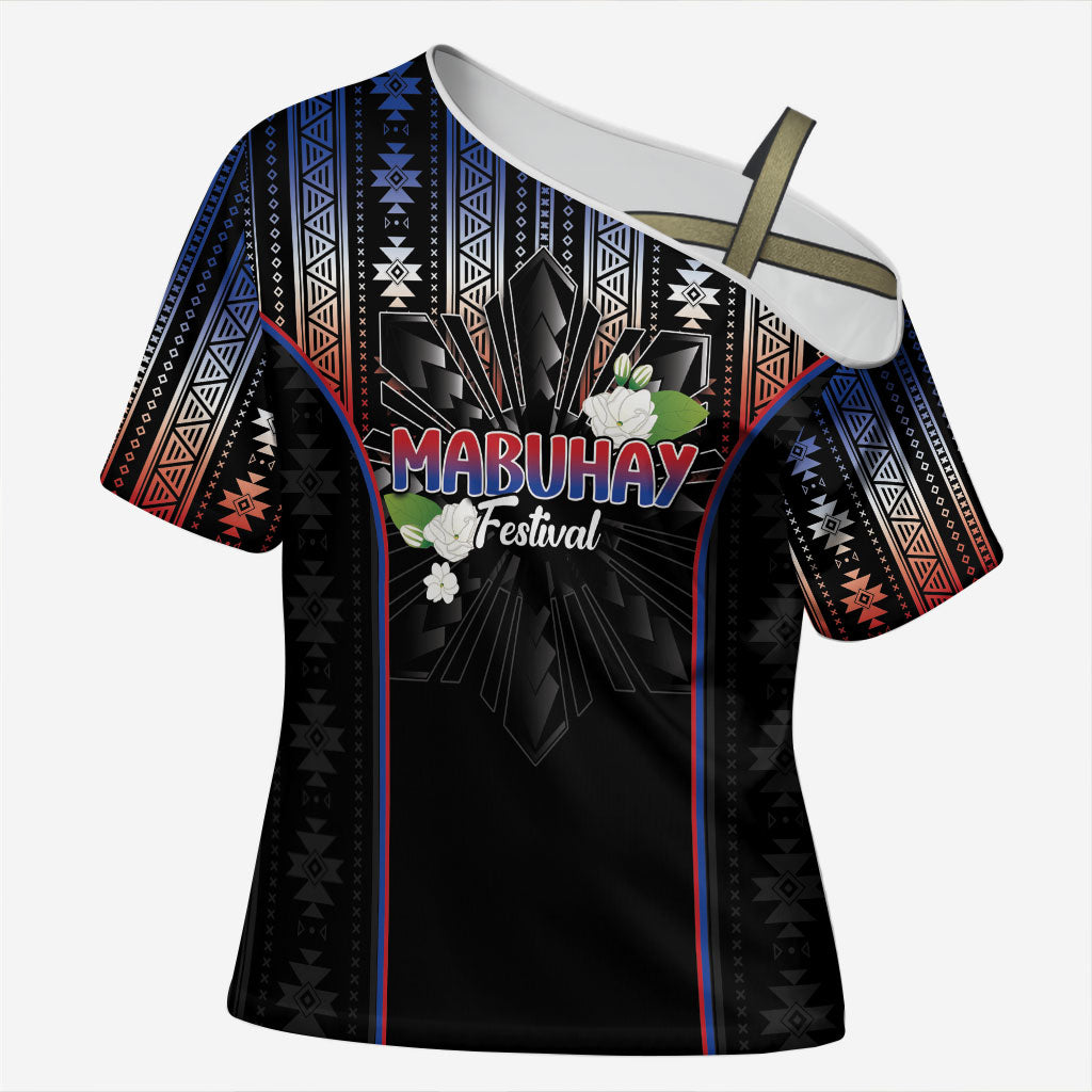 Mabuhay Philippines Festival Cross Shoulder Shirt Filipino Map Sampaguita Igorot Pattern LT14 Female Black - Polynesian Pride