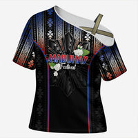 Mabuhay Philippines Festival Cross Shoulder Shirt Filipino Map Sampaguita Igorot Pattern LT14 Female Black - Polynesian Pride