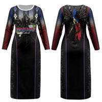 Mabuhay Philippines Festival Family Matching Long Sleeve Bodycon Dress and Hawaiian Shirt Filipino Map Sampaguita Igorot Pattern LT14 Mom's Dress Black - Polynesian Pride