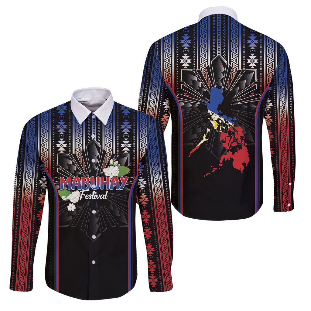 Mabuhay Philippines Festival Family Matching Long Sleeve Bodycon Dress and Hawaiian Shirt Filipino Map Sampaguita Igorot Pattern LT14 Dad's Shirt - Long Sleeve Black - Polynesian Pride