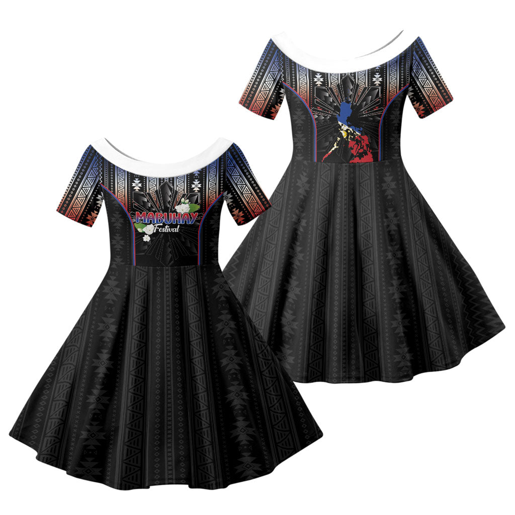 Mabuhay Philippines Festival Family Matching Long Sleeve Bodycon Dress and Hawaiian Shirt Filipino Map Sampaguita Igorot Pattern LT14 Daughter's Dress Black - Polynesian Pride