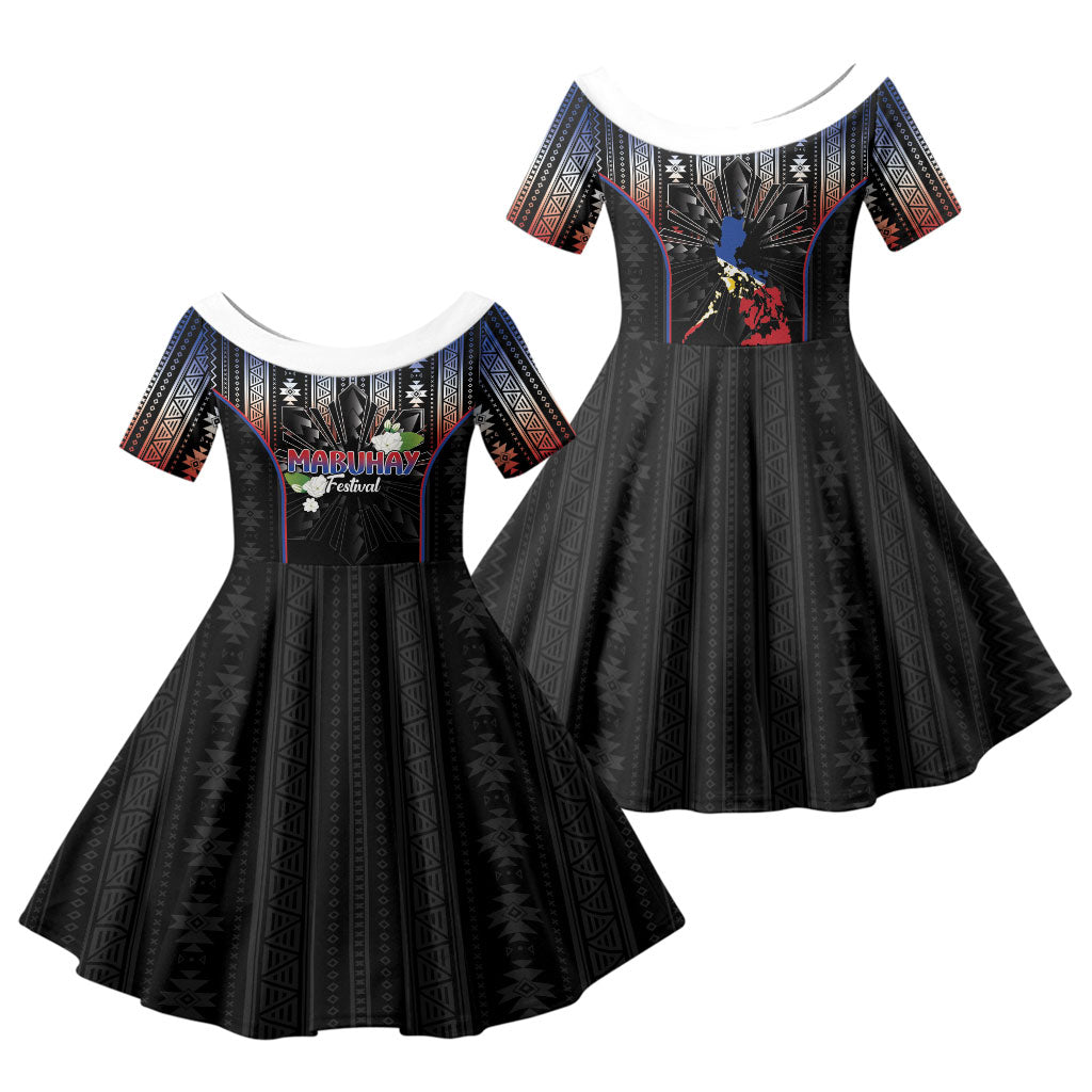 Mabuhay Philippines Festival Family Matching Off Shoulder Short Dress and Hawaiian Shirt Filipino Map Sampaguita Igorot Pattern LT14 Daughter's Dress Black - Polynesian Pride