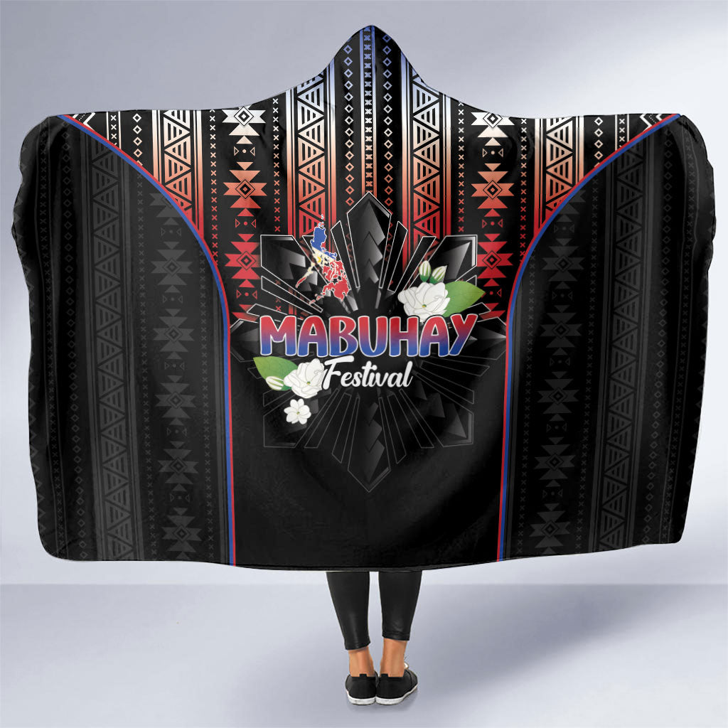 Mabuhay Philippines Festival Hooded Blanket Filipino Map Sampaguita Igorot Pattern LT14 One Size Black - Polynesian Pride