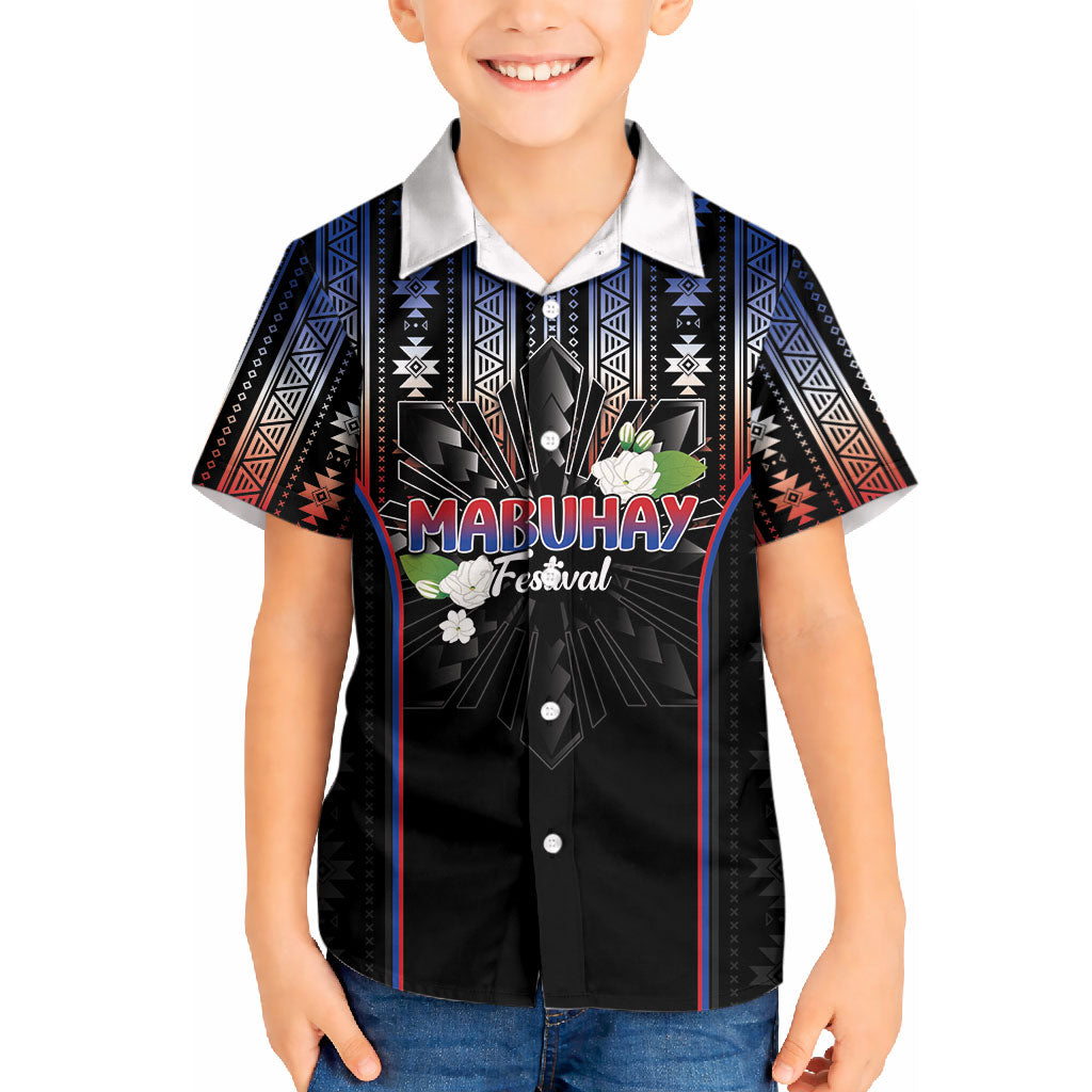 Mabuhay Philippines Festival Kid Hawaiian Shirt Filipino Map Sampaguita Igorot Pattern LT14 Kid Black - Polynesian Pride