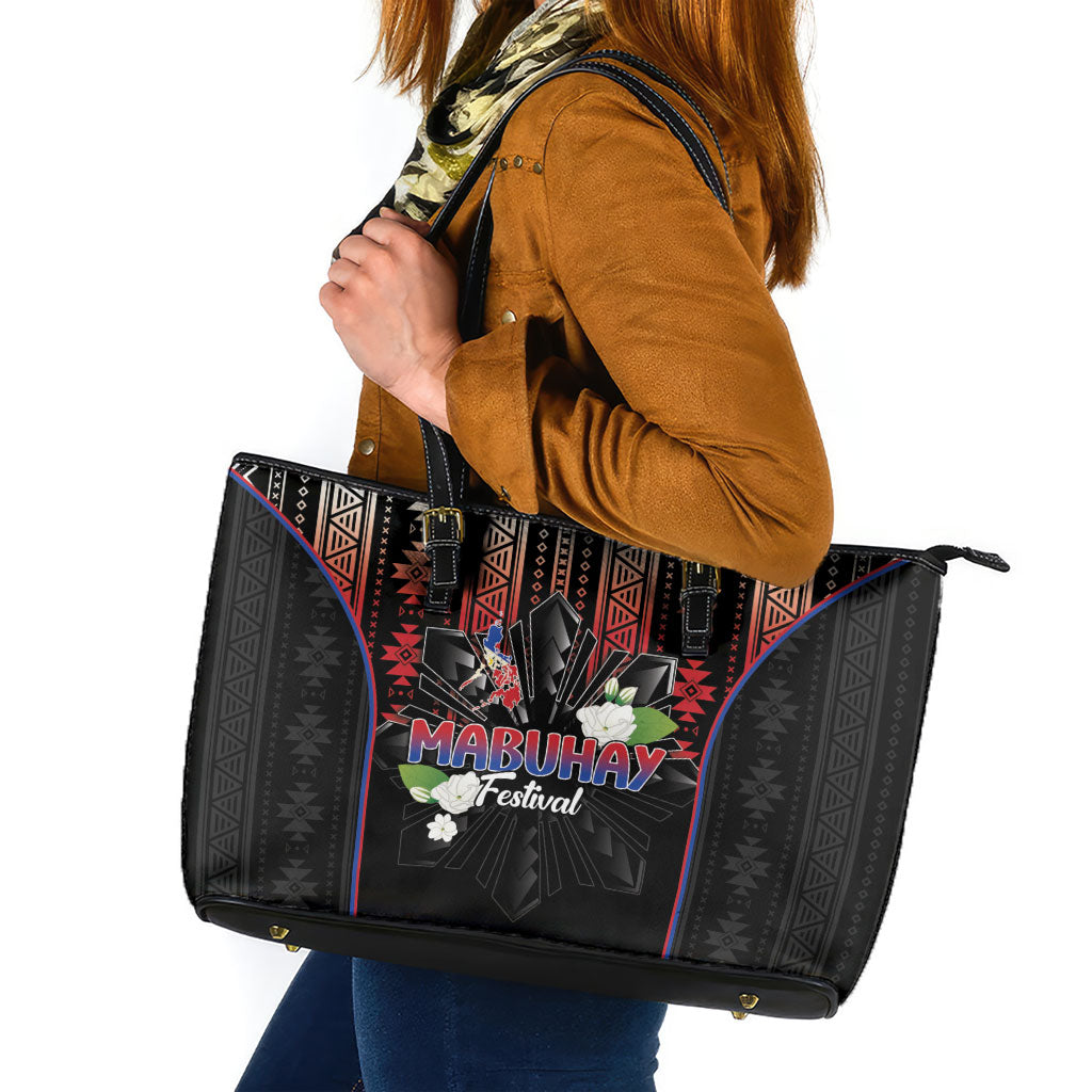 Mabuhay Philippines Festival Leather Tote Bag Filipino Map Sampaguita Igorot Pattern LT14 Black - Polynesian Pride