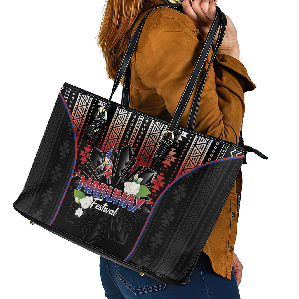 Mabuhay Philippines Festival Leather Tote Bag Filipino Map Sampaguita Igorot Pattern LT14 - Polynesian Pride