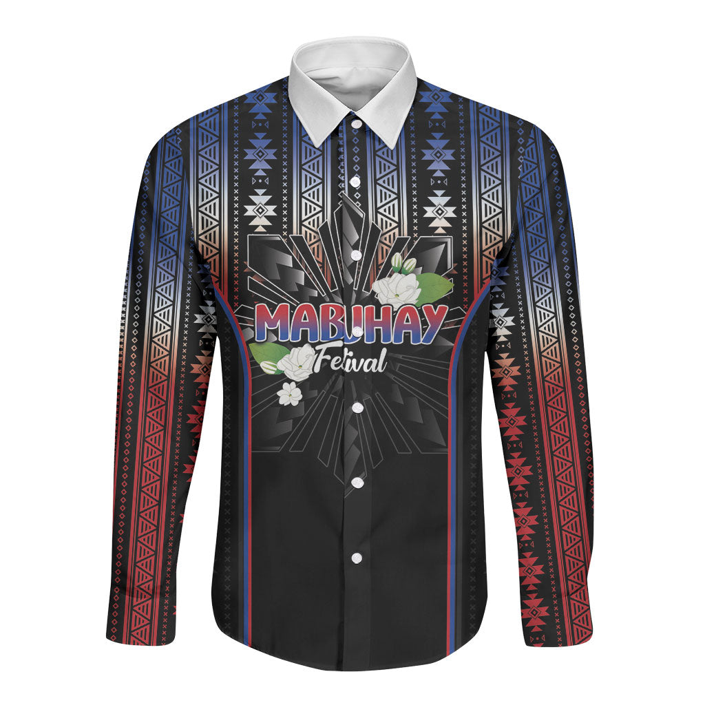 Mabuhay Philippines Festival Long Sleeve Button Shirt Filipino Map Sampaguita Igorot Pattern LT14 Unisex Black - Polynesian Pride