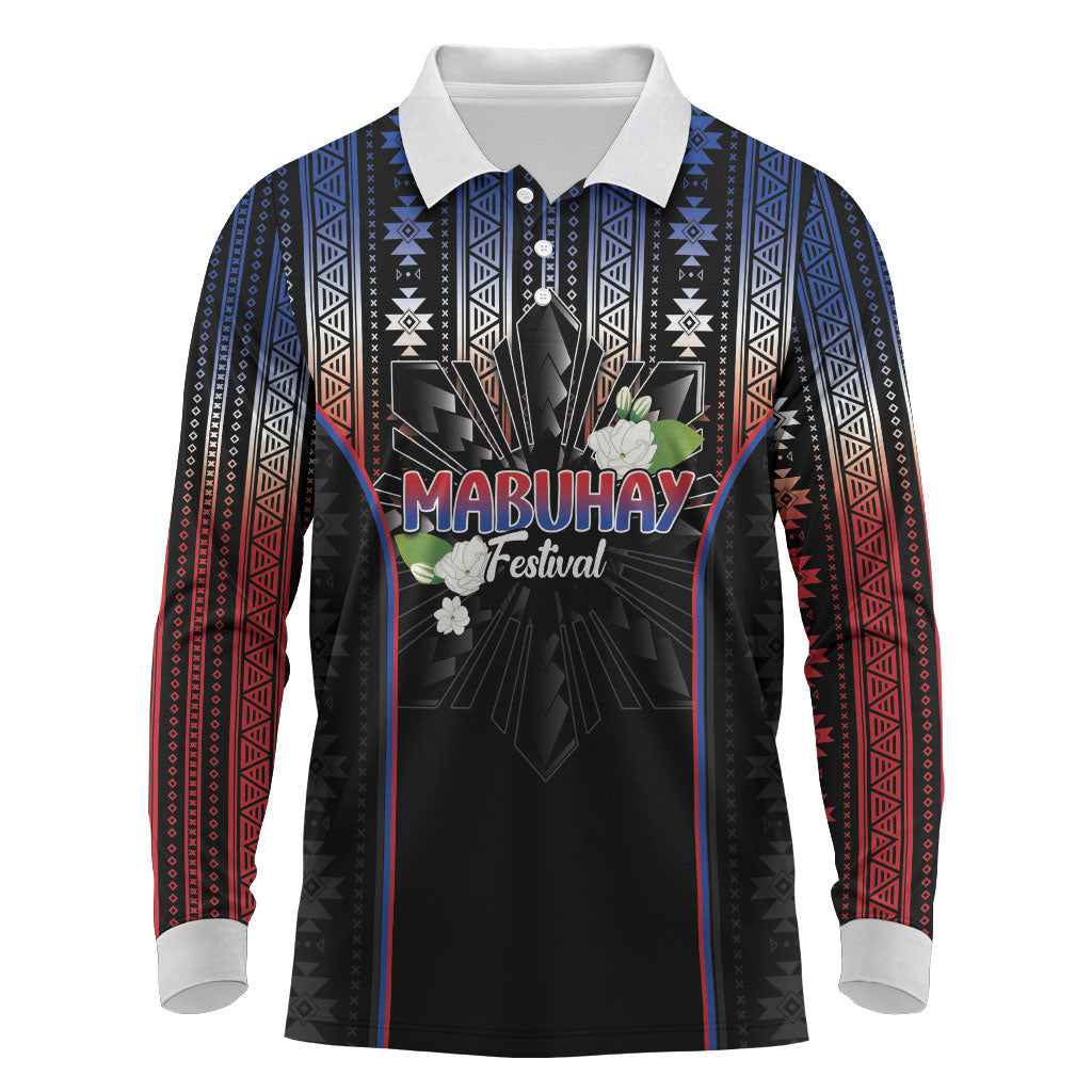 Mabuhay Philippines Festival Long Sleeve Polo Shirt Filipino Map Sampaguita Igorot Pattern LT14 Black - Polynesian Pride