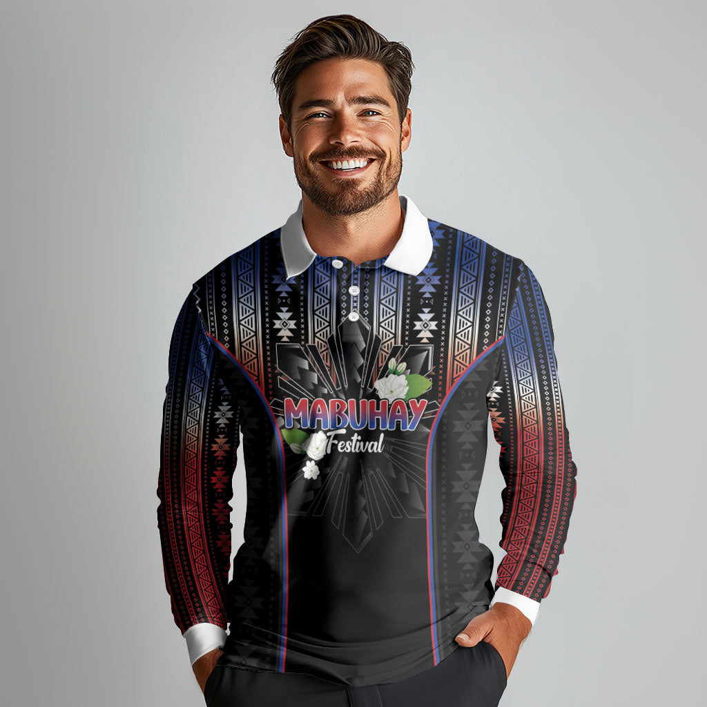 Mabuhay Philippines Festival Long Sleeve Polo Shirt Filipino Map Sampaguita Igorot Pattern LT14 - Polynesian Pride