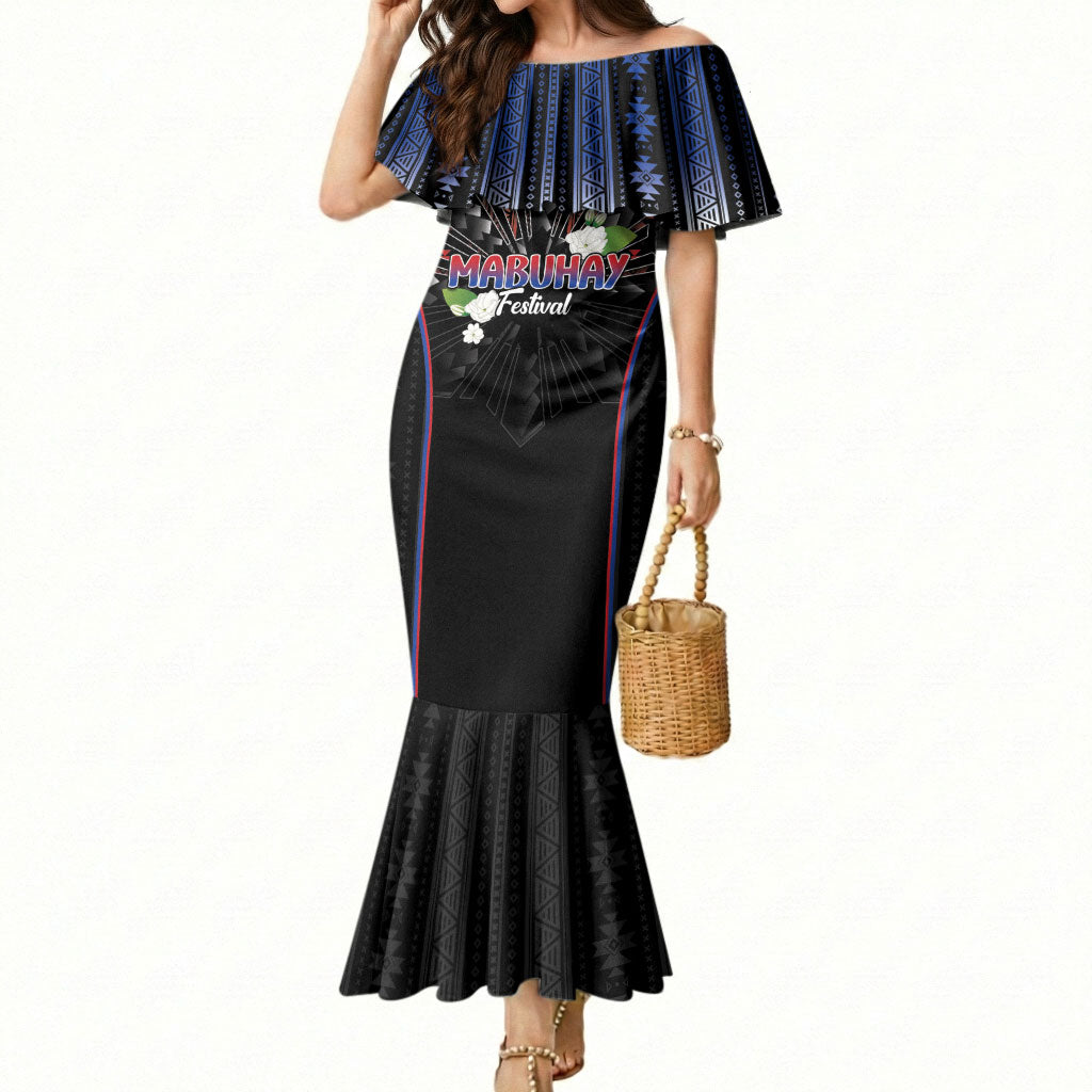 Mabuhay Philippines Festival Mermaid Dress Filipino Map Sampaguita Igorot Pattern LT14 Women Black - Polynesian Pride