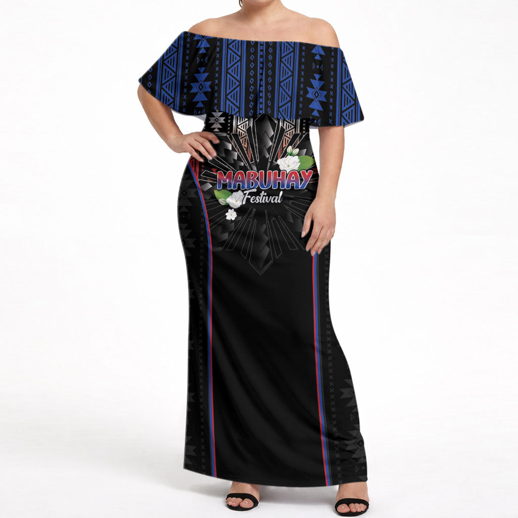 Mabuhay Philippines Festival Off Shoulder Maxi Dress Filipino Map Sampaguita Igorot Pattern LT14 Women Black - Polynesian Pride