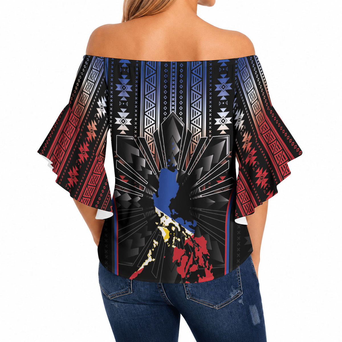 Mabuhay Philippines Festival Off Shoulder Wrap Waist Top Filipino Map Sampaguita Igorot Pattern LT14 - Polynesian Pride