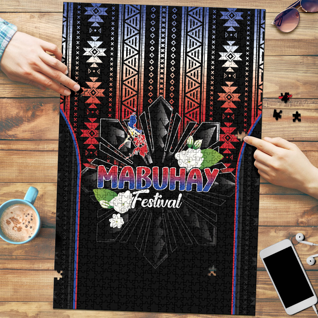 Mabuhay Philippines Festival Puzzle Filipino Map Sampaguita Igorot Pattern LT14 Black - Polynesian Pride