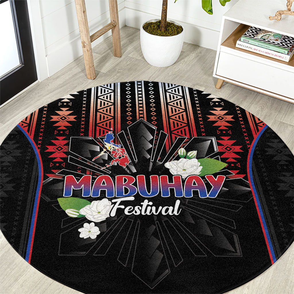 Mabuhay Philippines Festival Round Carpet Filipino Map Sampaguita Igorot Pattern LT14 Black - Polynesian Pride